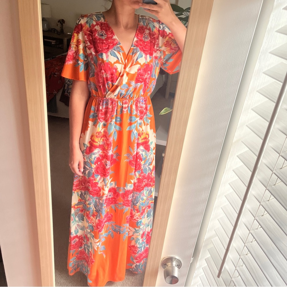 Lulus Still In Paradise Orange Floral Print Maxi Dress - Size M
